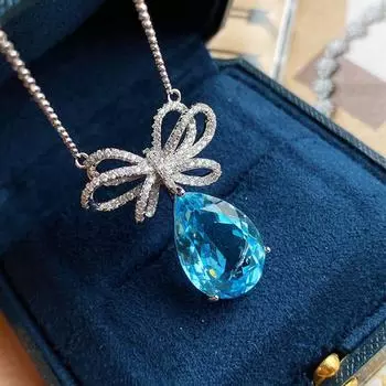 BELLA BOX Высококачественная онлайн-трансляция знаменитостей, новая имитация капли воды в форме темно-синего топаза с бантом и полным бриллиантом, кулонное ожерелье Necklace+Pendant синий