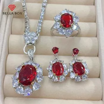 BELLA BOX Высококачественное имитация голубиного яйца, красное, с полной бриллиантовой сеткой, красное, живое, разделенное, цветное, открытое кольцо, женский кулон, набор сережек No.1 красный