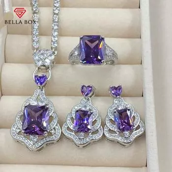 BELLA BOX Высококачественный комплект из женского ожерелья и кольца с квадратным цирконием в форме груши и полым сердцем No.1 фиолетовый