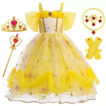 Belle Princess Косплей Хэллоуин Дети Belle Princess Одно событие Сценический маскарад День рождения Роскошные аксессуары [Mprocen] Платье, Детский костюм,