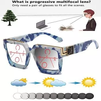 Бело-синие керамические цветные прямоугольные трендовые квадратные фотохромные прогрессивные мультифокальные очки для чтения для чтения от +0,75 до +4 +0.75 синий