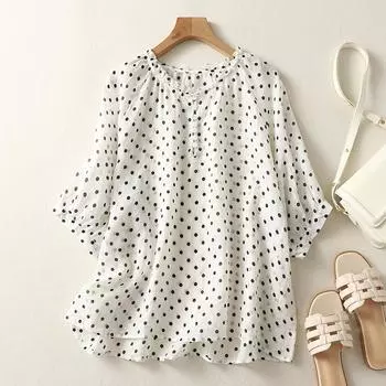 Бело-зеленая хлопково-льняная блузка с принтом в горошек, воротник с оборками и пуговицами, топ с короткими рукавами для женщин M белый