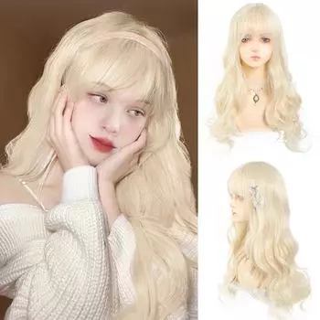 Бело-золотой длинный вьющийся синтетический парик для женщин Лолита ежедневная пушистая прямая челка Бело-золотой длинный вьющийся парик для женщин 65CM