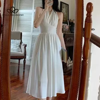 Белое элегантное платье с бретелькой на шее, женское сексуальное корейское вечернее платье миди с открытой спиной, женские винтажные платья без рукавов с v-образным вырезом для женщин S белый