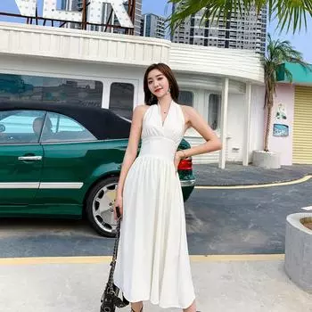 Белое элегантное платье с бретелькой на шее, женское сексуальное корейское вечернее платье миди с открытой спиной, женские винтажные платья без рукавов с v-образным вырезом для женщин S белый