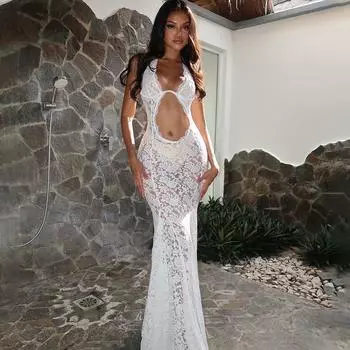 Белое ажурное сексуальное прозрачное платье для женщин, тонкое, с высокой талией, в стиле пэчворк, с открытой спиной, пляжные длинные платья, женское элегантное вечернее платье Femme S белый