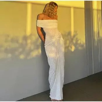 Белое длинное платье с открытыми плечами и складками, женское, с вырезом-лодочкой на спине, пляжные платья 2025 года, летнее облегающее платье для леди, новое S белый