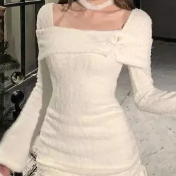 Белое французское элегантное мини-платье Y2k, женское тонкое облегающее платье с длинными рукавами, меховое теплое цельное платье, корейская мода, весна 2024 г. S белый