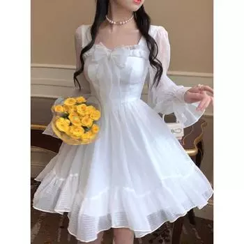 Белое кавайное платье, женское шифоновое мини-платье в стиле Лолиты с длинным рукавом, сказочный халат с бантом и оборками, лоскутное платье с квадратным воротником S белый