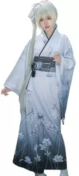 Белое кимоно японское этническое с градиентом [Lady Lazy] Комплект, юката, одежда, костюм, косплей, оби, (L) белый