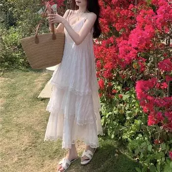 Белое кружевное платье на подтяжках - летняя юбка-торт 2024 года для женщин M