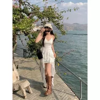 Белое кружевное платье-слинг, цельное, женская новая летняя одежда, нестандартная юбка с воланами, женская облегающая юбка на бедрах, длинная юбка S белый