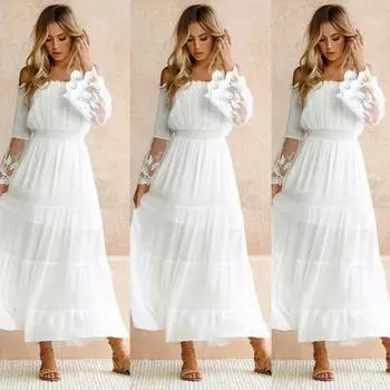 Белое модное платье с открытыми плечами, кружевные лоскутные платья с цветочным принтом и длинными рукавами, длинное пляжное платье, вечернее платье макси, плиссированное платье XL белый