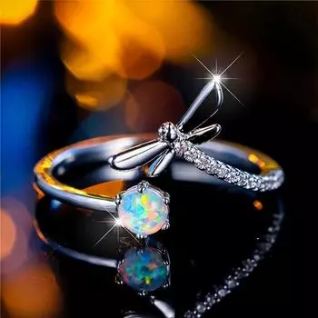 Белое огненное опаловое стрекоза регулируемое открытое кольцо для женщин серебряный цвет свадебные украшения подарок серебряный