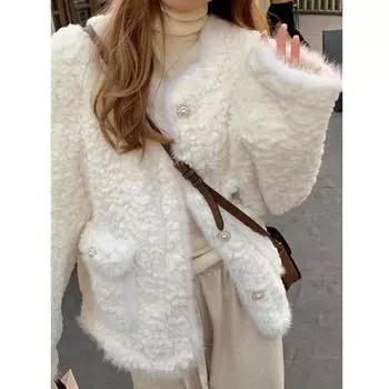 Белое пальто из искусственной овечьей шерсти Xiaoxiangfeng, осенне-зимнее, новое, тонкое, универсальное, плюшевое, утолщенное сверху S