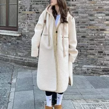 Белое пальто с капюшоном из овечьей шерсти для женщин на осень и зиму, утолщенное в корейском стиле, свободное, ленивое, средней длины, хлопковое плюшевое пальто S