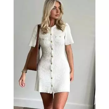 Белое платье А-силуэта, элегантное трикотажное платье в стиле «Маленькие духи», сексуальное, с металлической пряжкой, модное, с круглым вырезом, однобортное, с короткими рукавами, трикотажное платье S белый