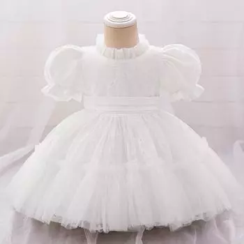 Белое платье для крещения для девочки с короткими рукавами, бантом, фатином, на первый день рождения, свадебные платья принцессы, детский костюм с вышивкой 3-6M белый