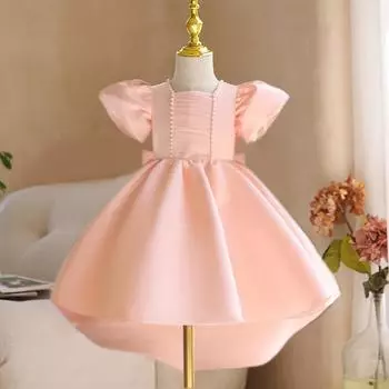 Белое платье для крещения с большим бантом для девочек, летнее праздничное платье принцессы со шлейфом и бисером для девочек, костюмы на свадьбу, день рождения 4Y белый