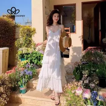 Белое платье феи, пляжное платье для отдыха на берегу моря, длинное свободное летнее платье премиум-класса с лямкой на бретельках S белый