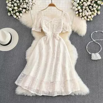 Белое платье феи RUGOD, милое и нежное платье трапециевидной формы с квадратным вырезом и талией, сетчатое платье с вышивкой, лето 2022