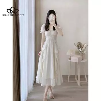 Белое платье феи во французском стиле, женское летнее новое однотонное платье принцессы с рюшами, нежное длинное платье S бежевый