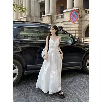 Белое платье феи во французском стиле, платье-комбинация для отдыха на море, женское облегающее летнее платье, элегантное длинное платье S белый