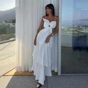 Белое платье на бретельках с цветочным принтом, женское платье без рукавов с открытой спиной и оборками, вечерние длинные праздничные платья женские XS белый