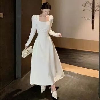 Белое платье на подтяжках Женская одежда Осень Новые длинные рукава S
