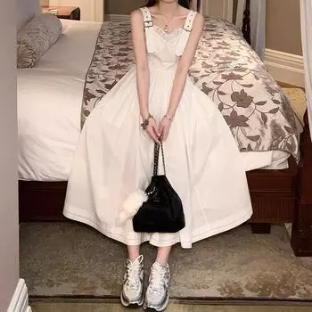 Белое платье на подтяжках, женственная длинная юбка без рукавов XS