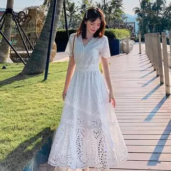 Белое платье Новое платье супер феи для отдыха на море Кружевное пляжное длинное платье Пляжное платье S белый