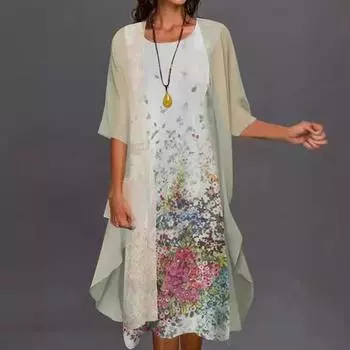 Белое платье с цветочным принтом и прозрачным кардиганом, женское повседневное летнее платье S