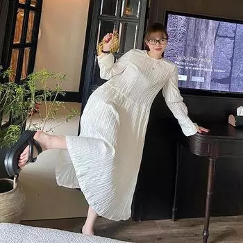 Белое платье с круглым вырезом, плиссированное, с высокой талией, трехмерный силуэт, французский элегантный пуловер, юбка средней длины XS белый