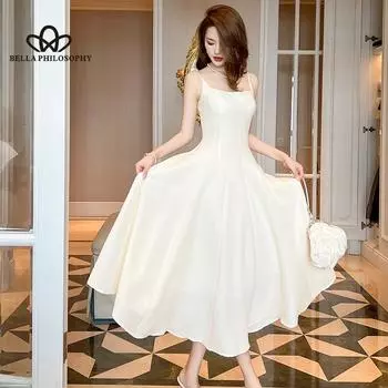 Белое платье с лямкой на талии, летнее новое длинное платье с длинными рукавами, большое распашное платье трапециевидной формы S чёрный