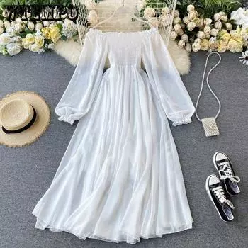 Белое платье с разрезным вырезом и эластичной резинкой на талии, женское шифоновое платье трапециевидной формы, милое сказочное платье, большая юбка с подолом, пляжное платье, летнее S белый