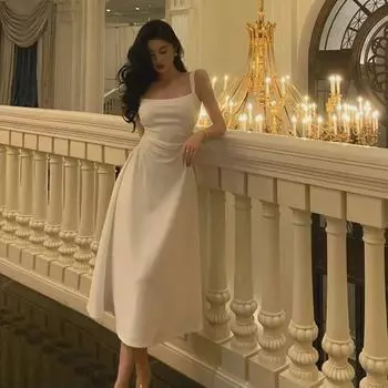 Белое платье-трапеция на подтяжках в стиле французский шик 2024 г.: Элегантный и изысканный дизайн ниши для женщин Extra Large чёрный