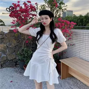 Белое платье женское летнее нерегулярное элегантное короткое платье на шнуровке женское модное повседневное платье S белый