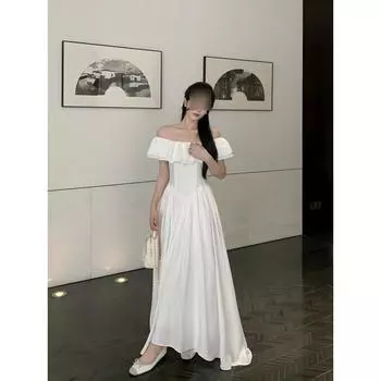 Белое платье женское летнее темпераментное новое длинное с завышенной талией квадратный вырез с оборкой на плече с рукавами-крылышками А-силуэта S- (can be worn within 45kg)