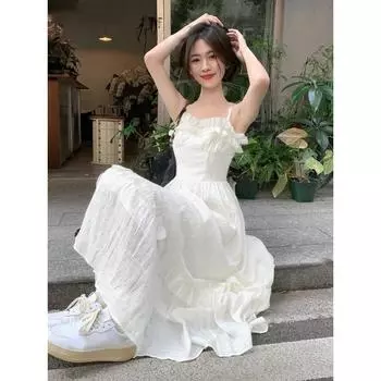 Белое платье, женское милое летнее платье без рукавов с оборками, эстетический сарафан трапециевидной формы принцессы, для отдыха и отдыха, во французском стиле, дизайн 2023 S белый