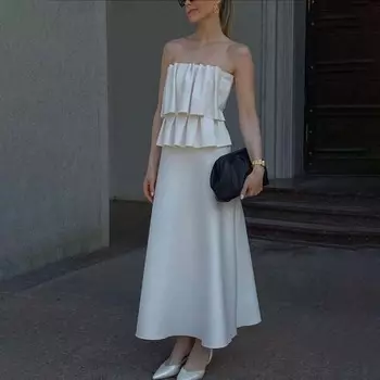 Белое плиссированное платье без бретелек, однотонное, с открытыми плечами, с защипами, модное, стройнящее, женское, пляжное, элегантное, длинное, для отдыха на пляже S белый