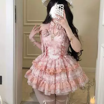 Белое сахарное платье для девочки в стиле Лолиты, оригинального дизайна, летнее платье с висячим вырезом в китайском стиле S розовый