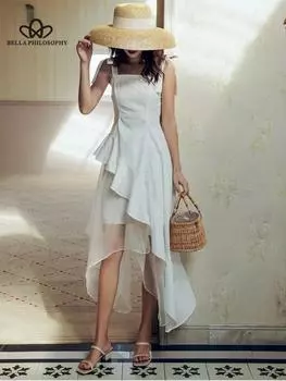 Белое шелковое платье из двух частей Super Fairy, женское приморское платье средней длины, модное повседневное пляжное платье S белый