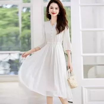 Белое шелковое платье женское летнее новое с фестончатым краем V-образный вырез талия темперамент юбка из тутового шелка M белый