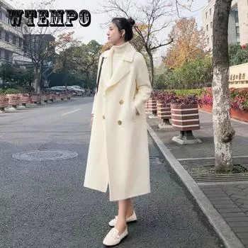 Белое шерстяное пальто средней длины, зимнее шерстяное пальто выше колена в стиле Хепберн, женское XXL