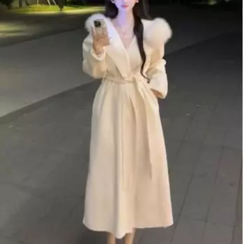 Белое шерстяное пальто, узкая средняя и длинная талия, А-образный фасон с капюшоном, двухстороннее шерстяное пальто, женское, осень-зима S абрикосовый