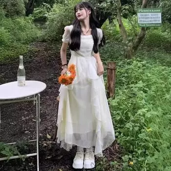 Белое шифоновое платье для женщин, сетчатое платье с оборками и кисточками, темпераментное платье-трапеция для девочек XL белый