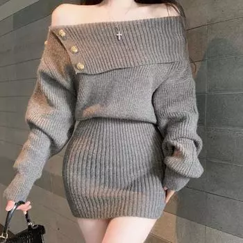 Белое трикотажное мини-платье женское модное сексуальное черное платье-свитер с разрезом по горловине, зимнее корейское элегантное облегающее платье А-силуэта S чёрный