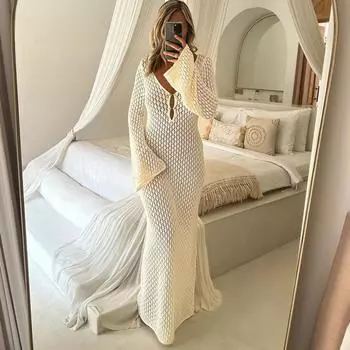 Белое трикотажное модное платье-макси с открытыми плечами, женское прозрачное пляжное платье с V-образным вырезом, платье для отдыха на пляже, трикотажное платье с открытой спиной S