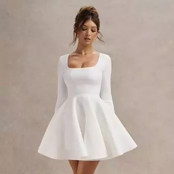 Белое вечернее платье А-силуэта с квадратным вырезом, женское плиссированное платье с высокой талией, элегантное сексуальное облегающее мини-платье L белый