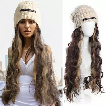 Белоснежная вязаная шапка с волнистыми вьющимися волосами, женский синтетический парик, модный и теплый, подходит для использования зимой